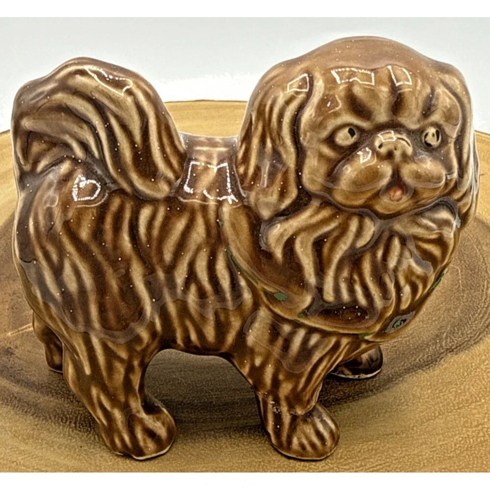 Vintage Porcelain Pekingese Figurine Pekingese Brown Dog W/Green Bow 3.5